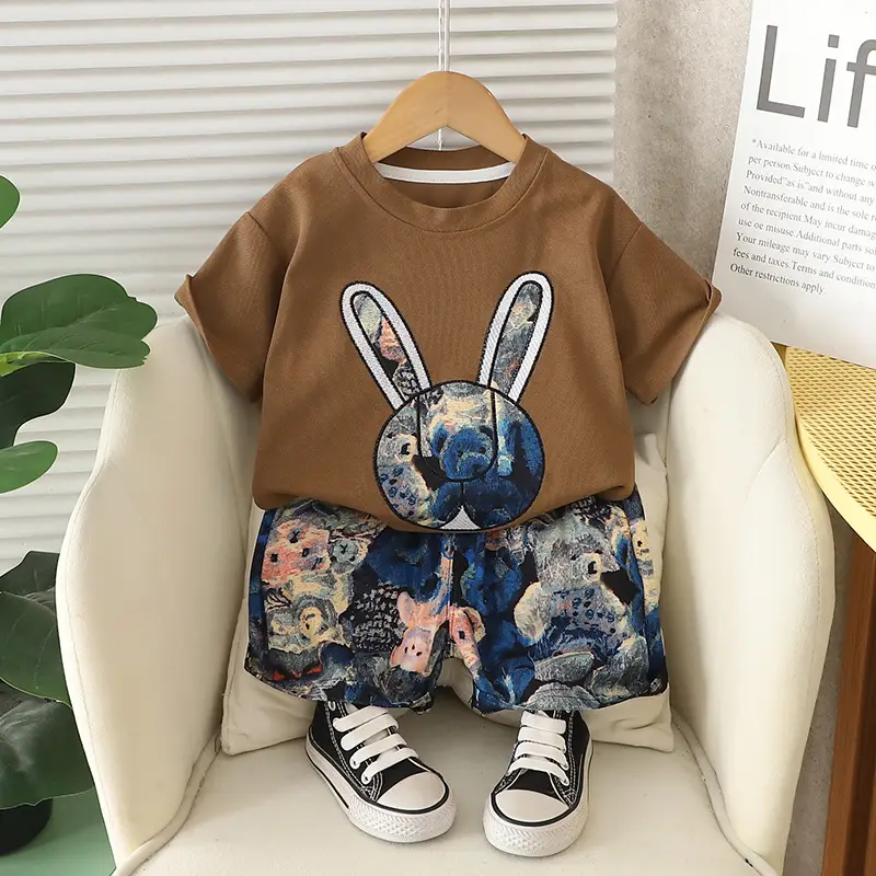 Children's Bunny Print 2Pc Suit Brown White Floral Shorts - Image 7