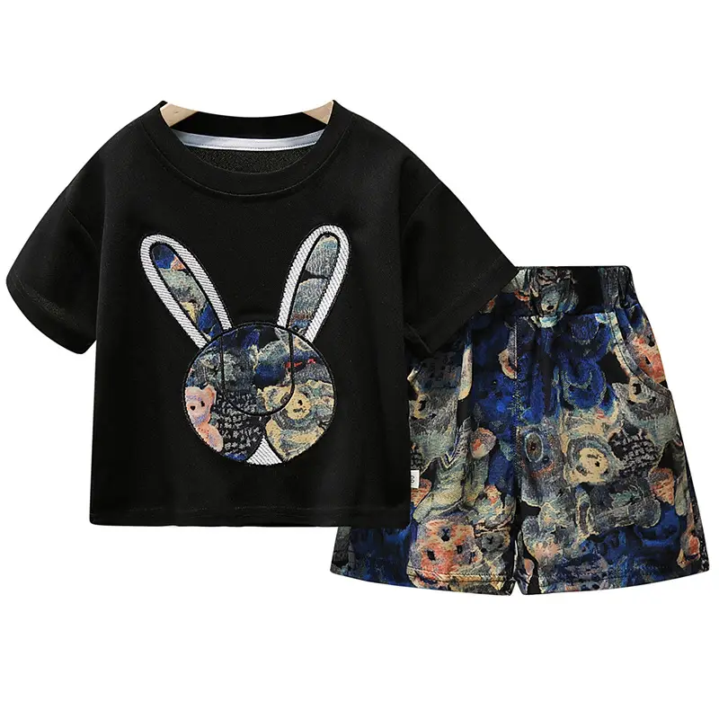 Children's Bunny Print 2Pc Suit Brown White Floral Shorts - Image 8