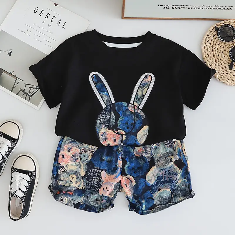 Children's Bunny Print 2Pc Suit Brown White Floral Shorts — feature 3