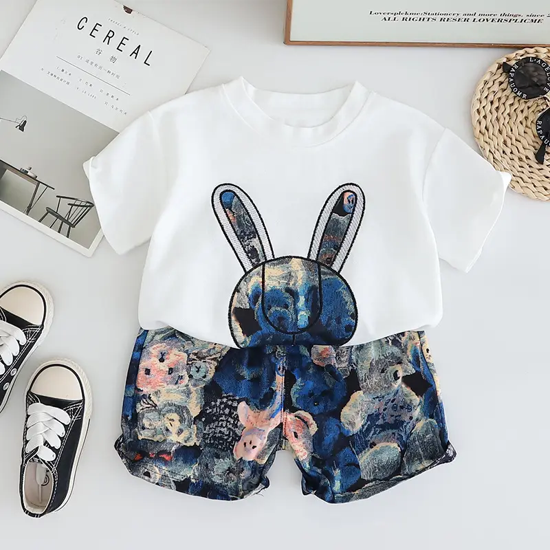 Children's Bunny Print 2Pc Suit Brown White Floral Shorts — feature 5