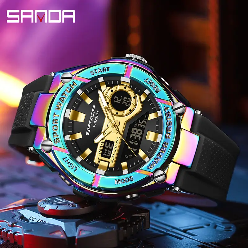 Sanda Men's Red Digital Alarm Watch with LED Display - Image 10