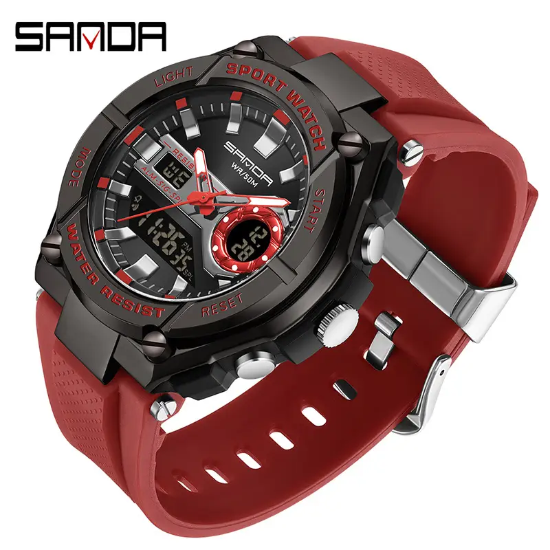 Sanda Men's Red Digital Alarm Watch with LED Display - Image 3