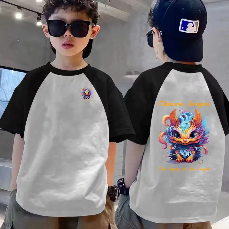 Boys Raglan Sleeve T-Shirt White Black Dragon Print - Image 15