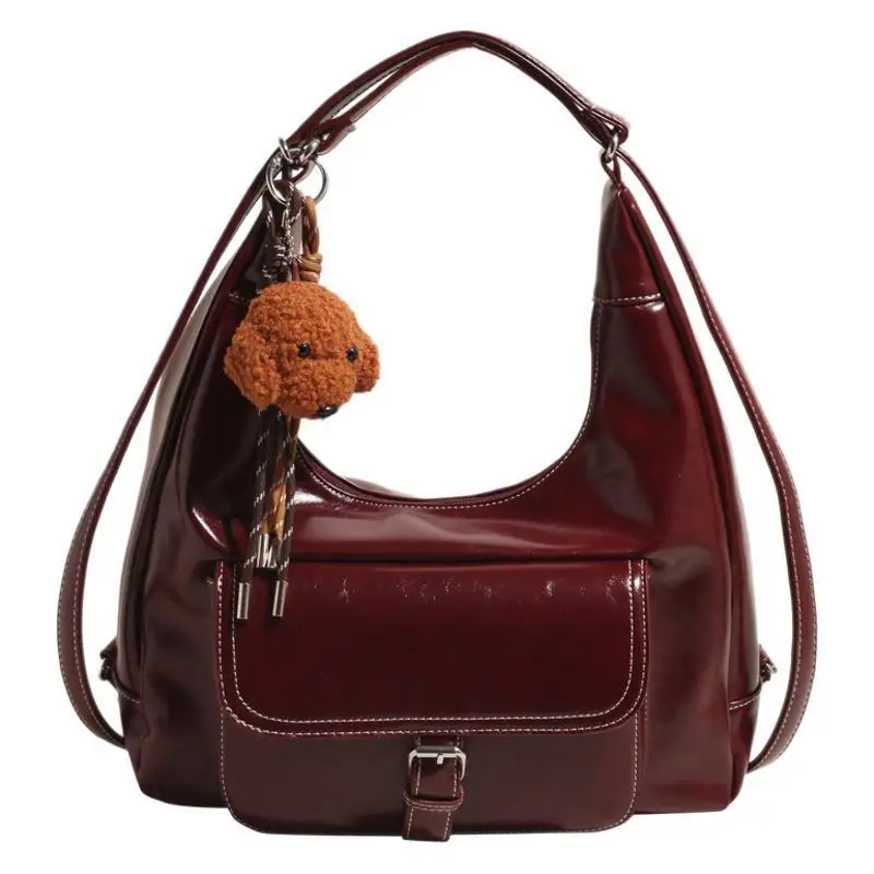 Women's Red Leather Shoulder Bag with Crossbody Strap