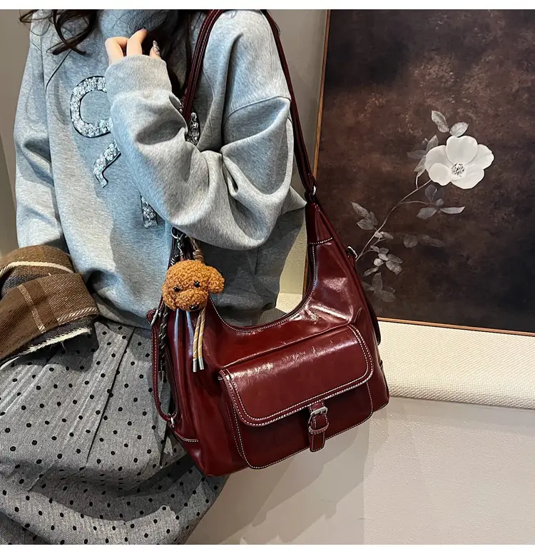 Women's Red Leather Shoulder Bag with Crossbody Strap — feature 36