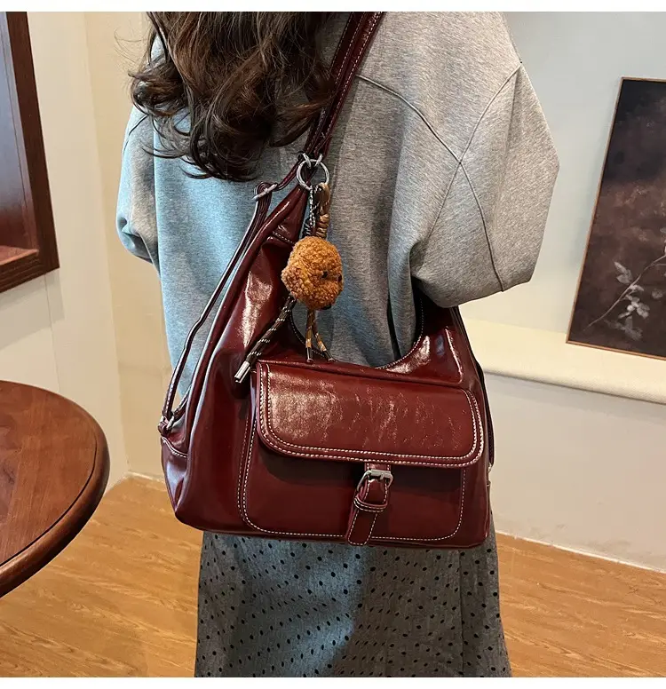 Women's Red Leather Shoulder Bag with Crossbody Strap — feature 37