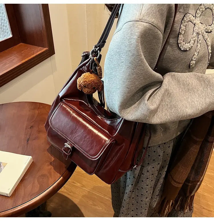 Women's Red Leather Shoulder Bag with Crossbody Strap — feature 39