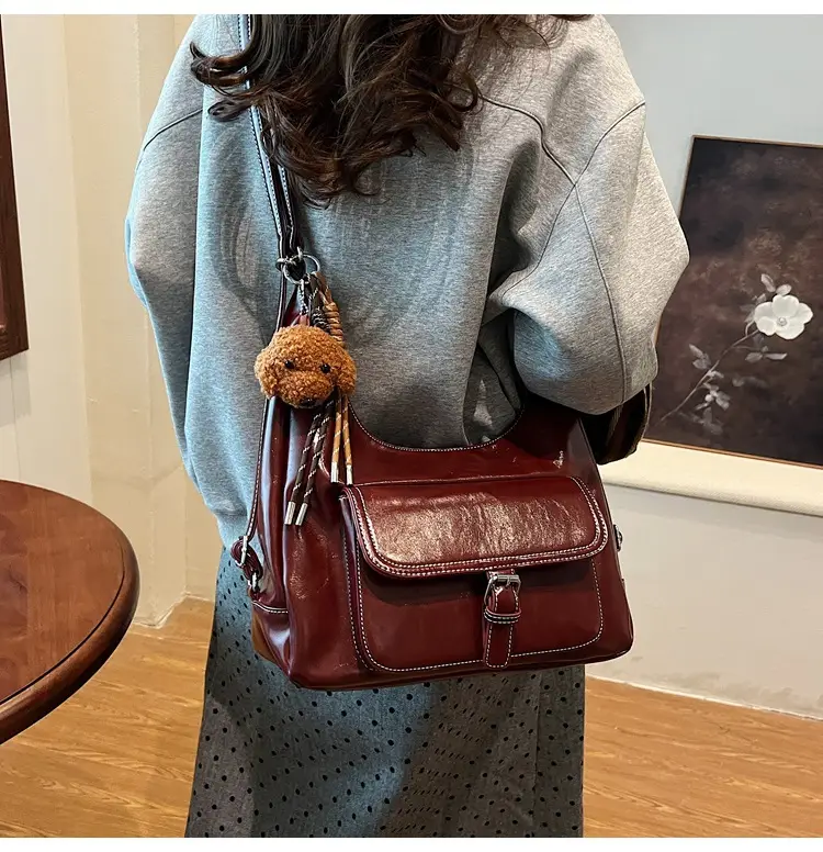 Women's Red Leather Shoulder Bag with Crossbody Strap — feature 43