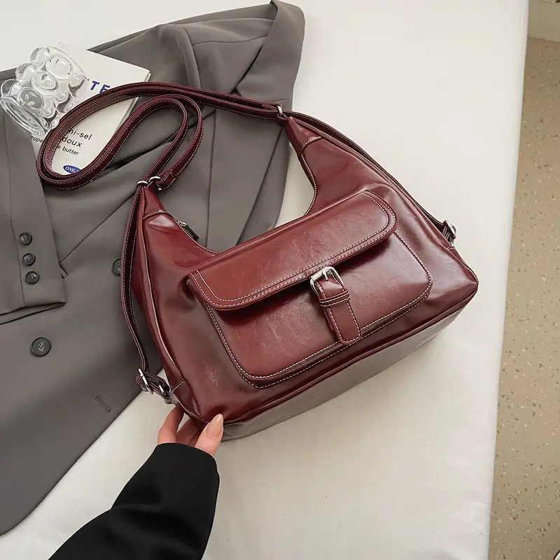 Women's Red Leather Shoulder Bag with Crossbody Strap
