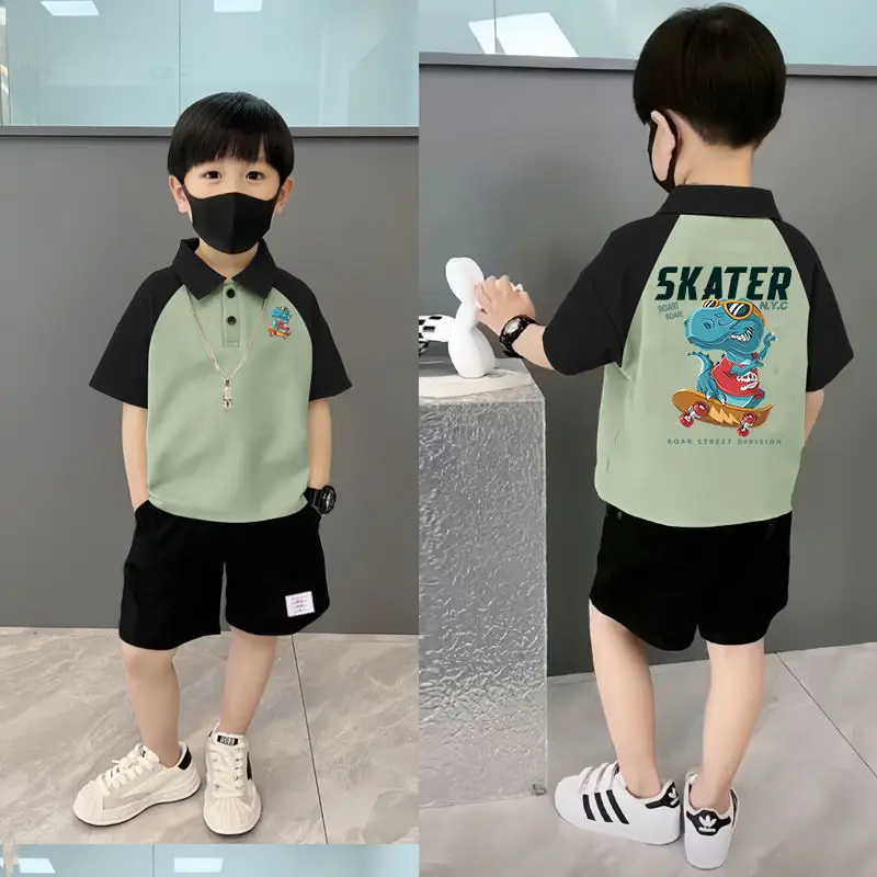 Boys Pure Cotton Graphic Polo Shirt Shorts Set