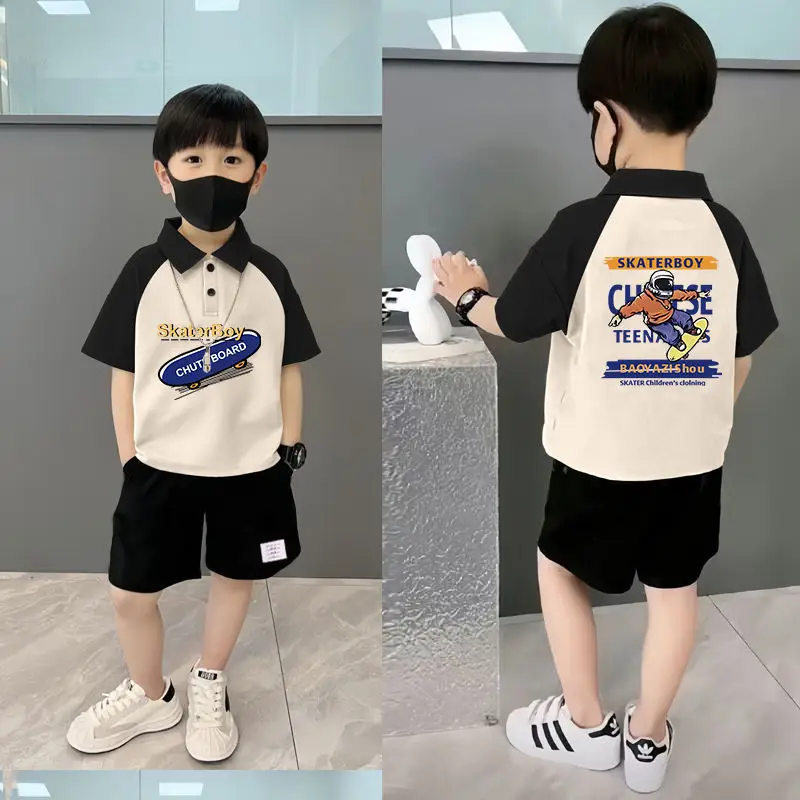 Boys Pure Cotton Graphic Polo Shirt Shorts Set