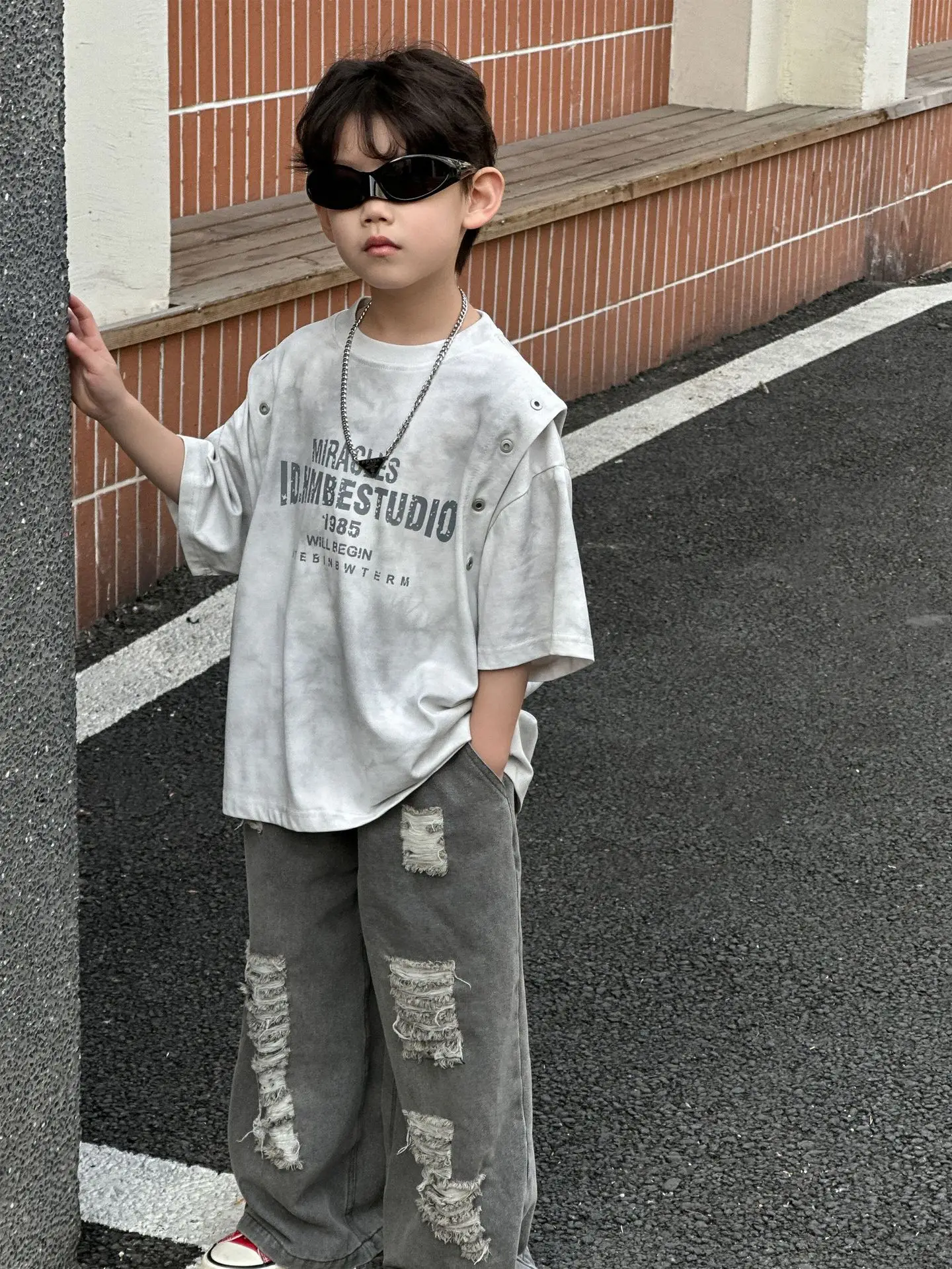 Kids Boys Korean Style Grey T-Shirt 2025 Summer — feature 11