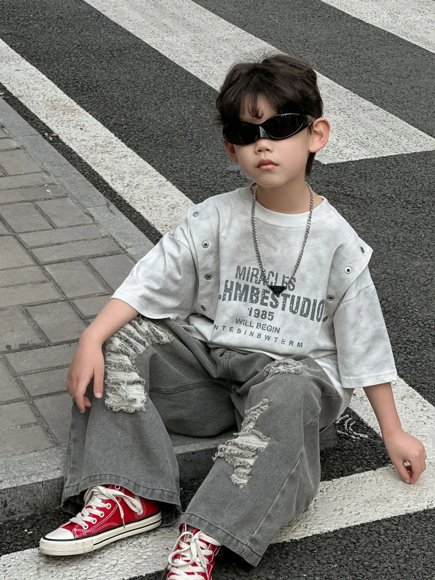Kids Boys Korean Style Grey T-Shirt 2025 Summer — feature 5