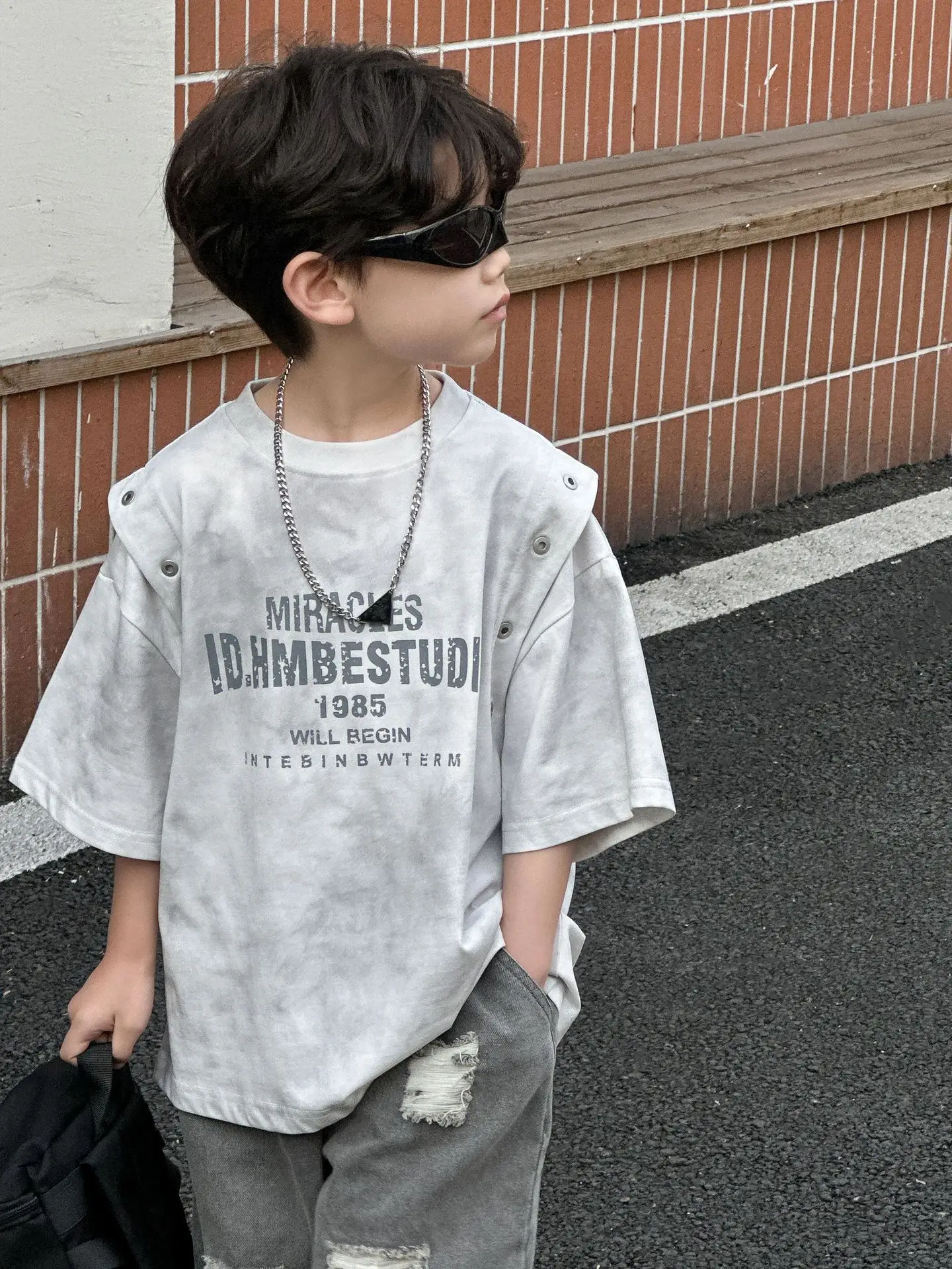 Kids Boys Korean Style Grey T-Shirt 2025 Summer — feature 9
