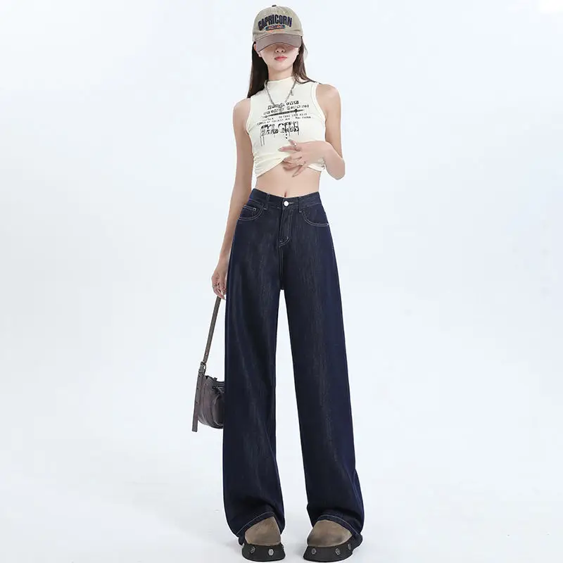 2025 Dark Blue Wide Leg Pants High Waist Slimming Denim