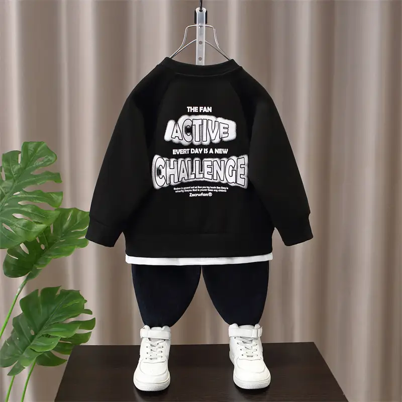 Boys Sweatshirt Set Black Active Print Pants White Sneakers