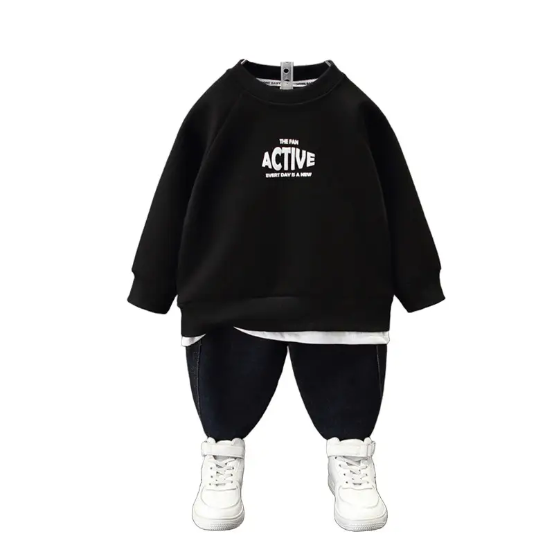 Boys Sweatshirt Set Black Active Print Pants White Sneakers