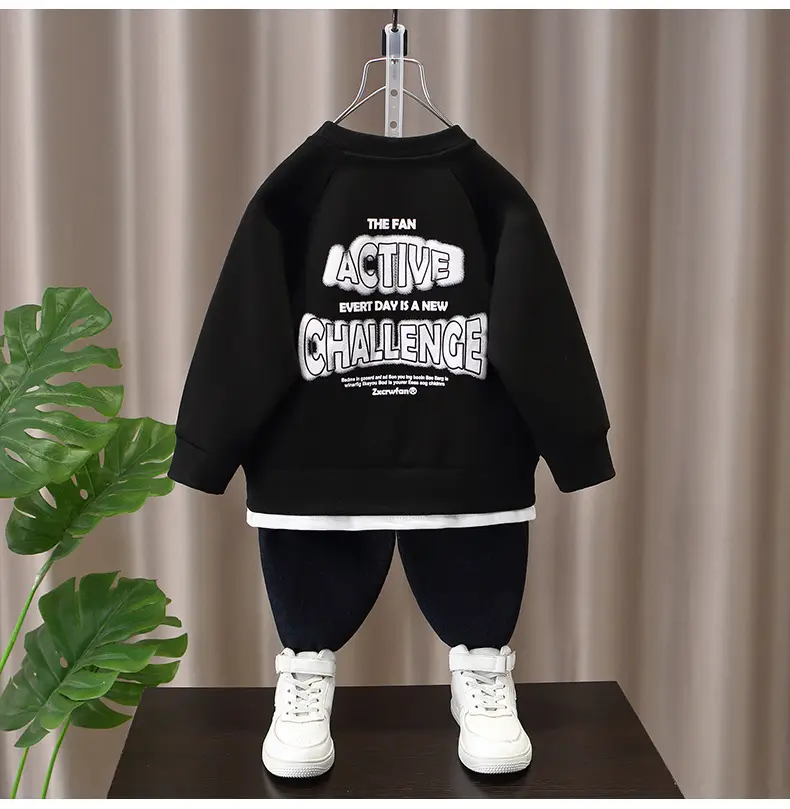 Boys Sweatshirt Set Black Active Print Pants White Sneakers — feature 6