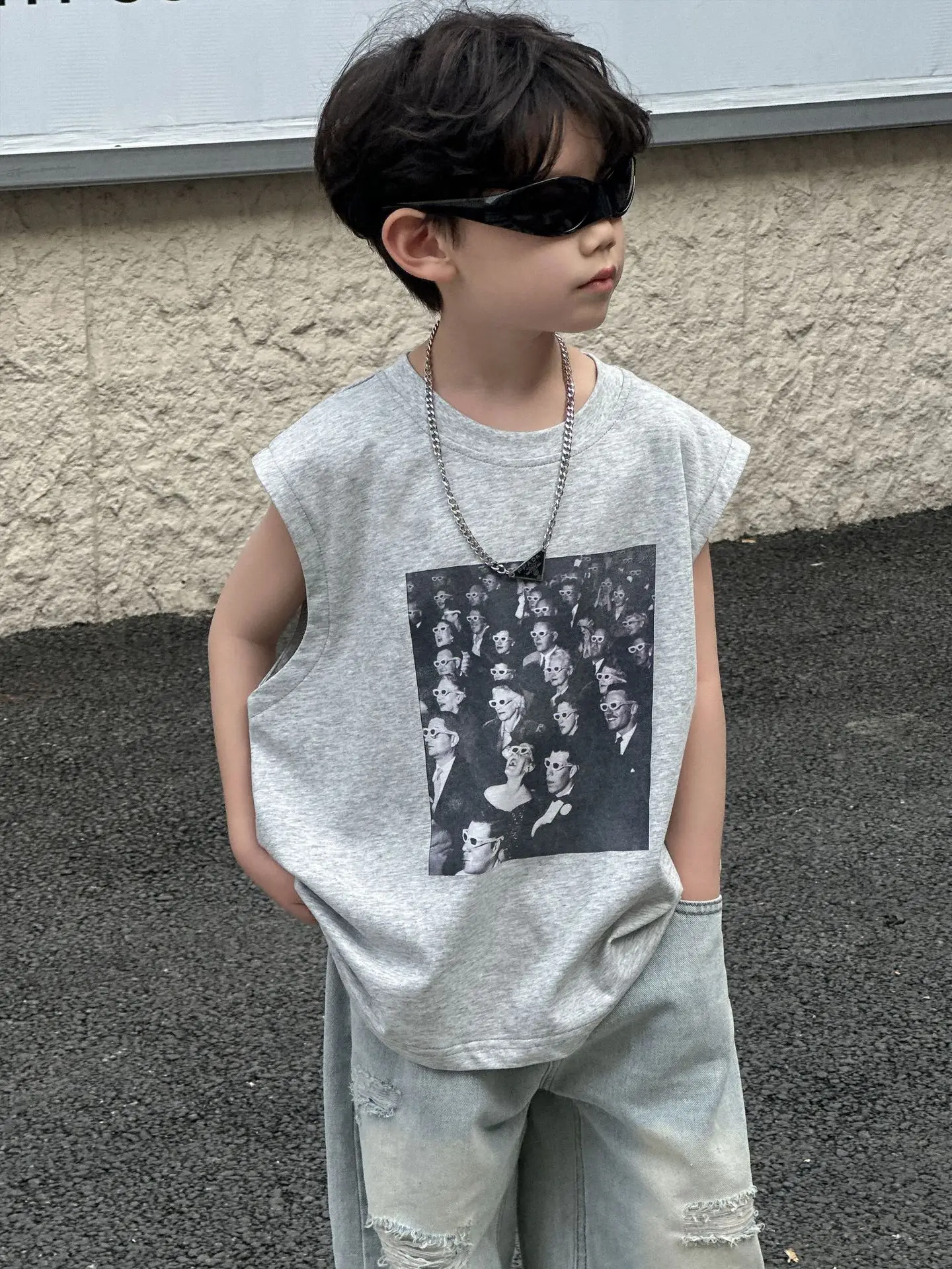 Kids Korean Print T-Shirt Grey 2025 Summer Boys - Image 3
