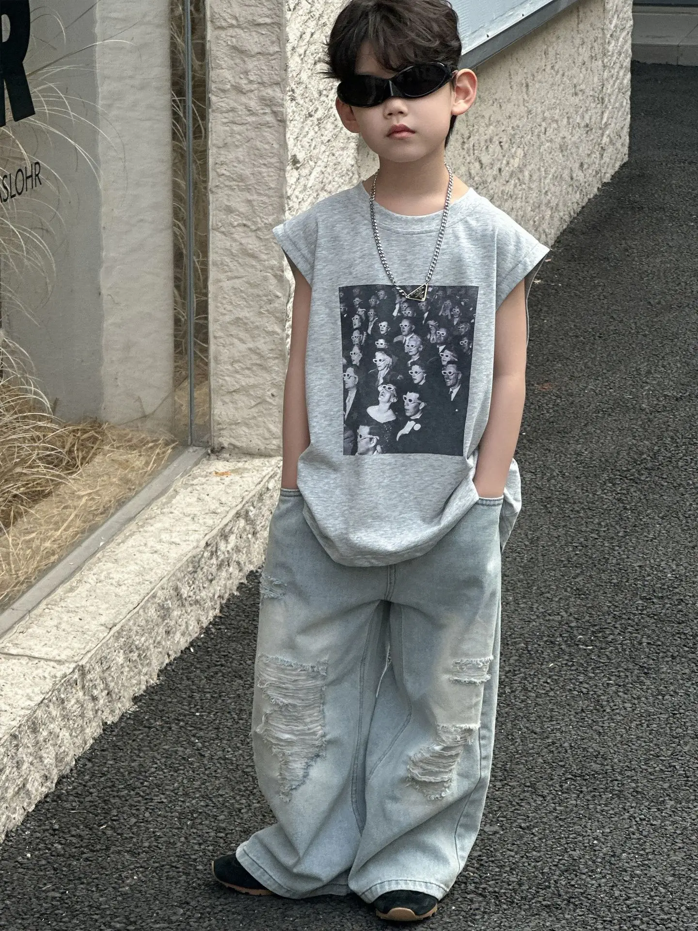 Kids Korean Print T-Shirt Grey 2025 Summer Boys - Image 6