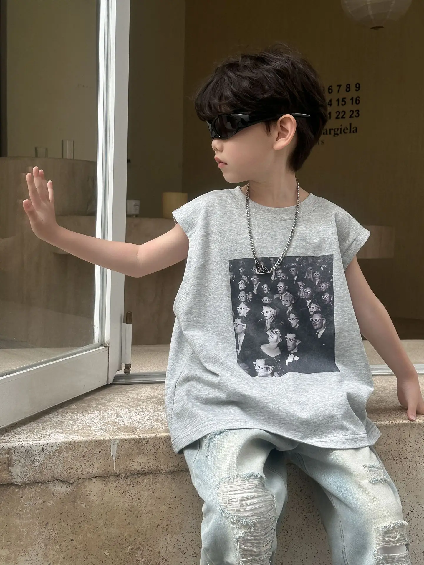 Kids Korean Print T-Shirt Grey 2025 Summer Boys — feature 4