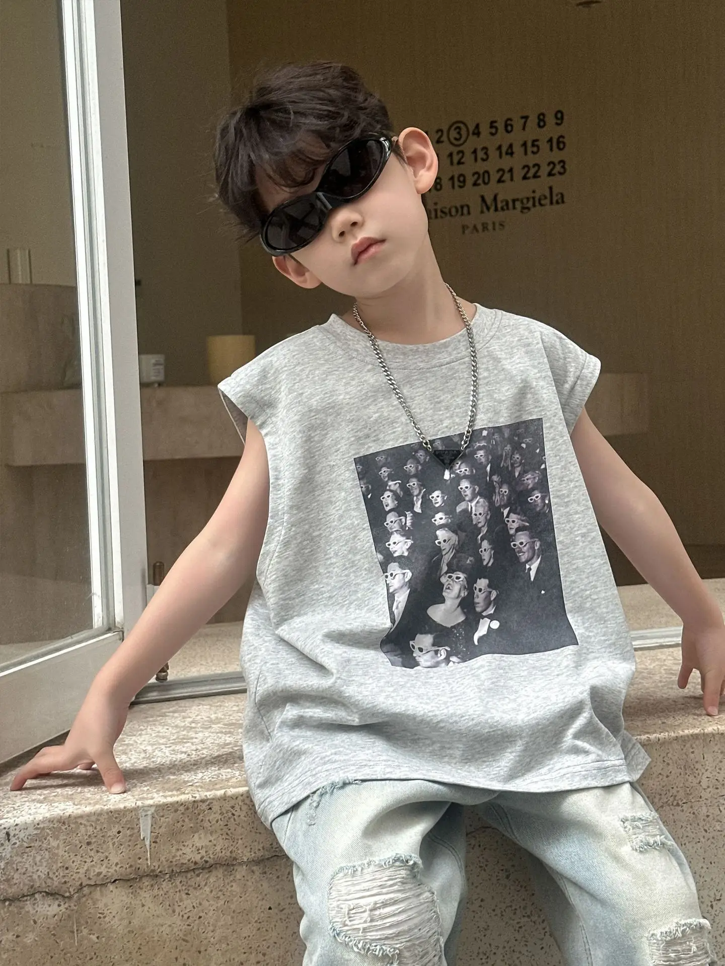 Kids Korean Print T-Shirt Grey 2025 Summer Boys — feature 5