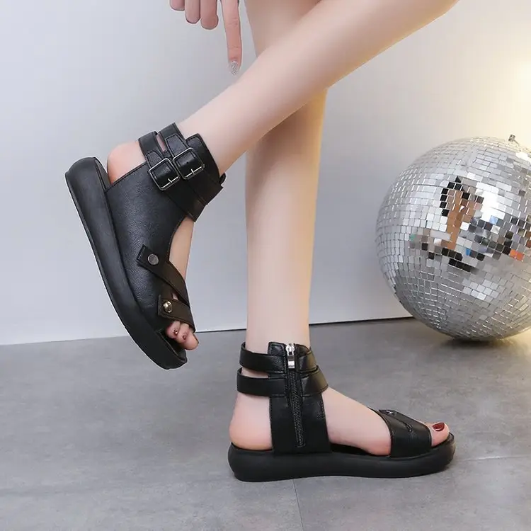 Thick-soled Roman Sandals Women's Flat 2025 Summer New Arrival Casual Retro Wedge Breathable High-top Fish-toe Women's Shoes - Image 4