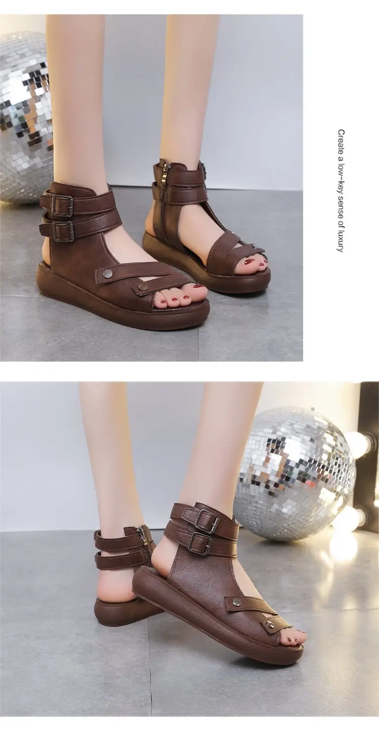 Thick-soled Roman Sandals Women's Flat 2025 Summer New Arrival Casual Retro Wedge Breathable High-top Fish-toe Women's Shoes — feature 10
