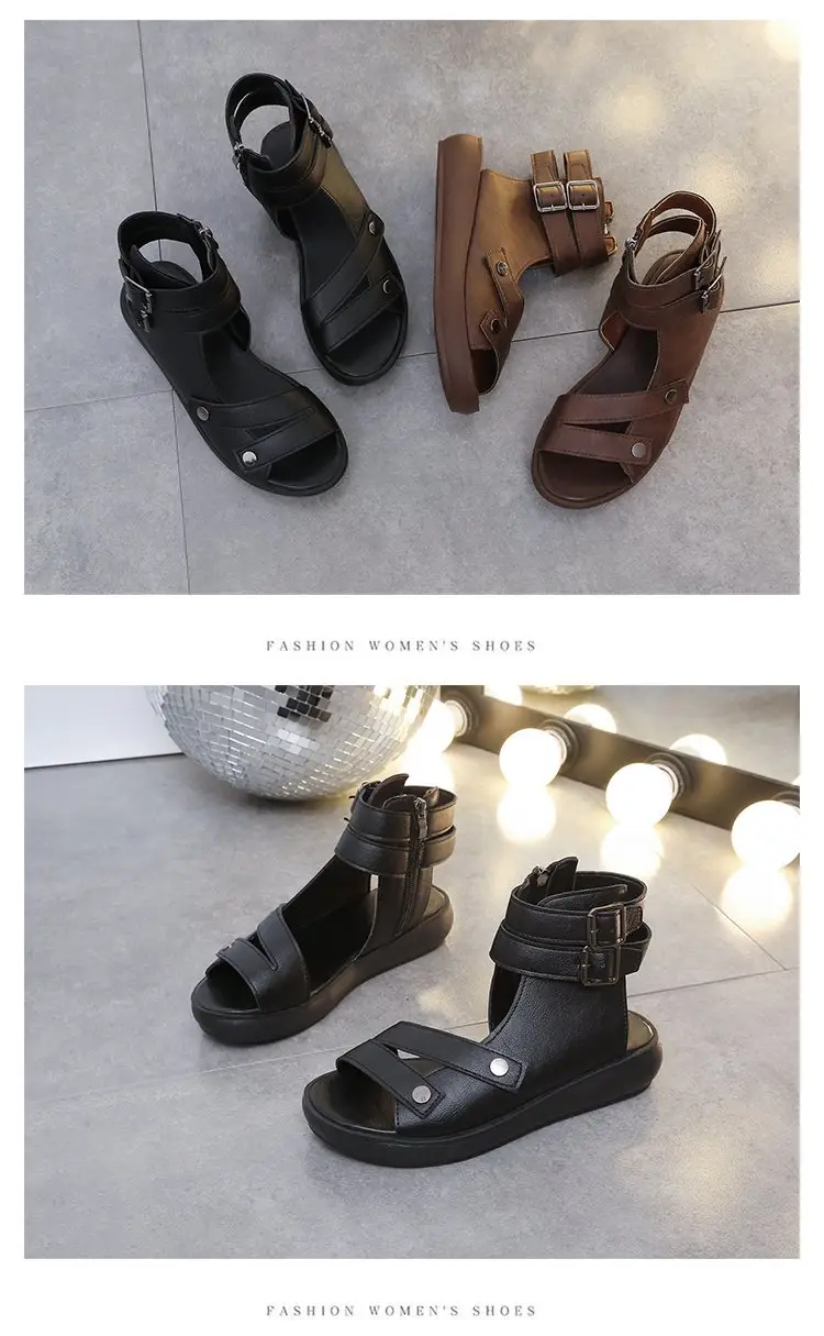 Thick-soled Roman Sandals Women's Flat 2025 Summer New Arrival Casual Retro Wedge Breathable High-top Fish-toe Women's Shoes — feature 13