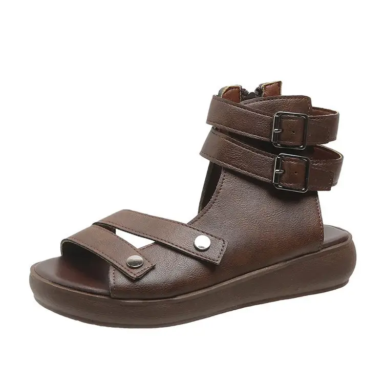 Thick-soled Roman Sandals Women's Flat 2025 Summer New Arrival Casual Retro Wedge Breathable High-top Fish-toe Women's Shoes - Image 2
