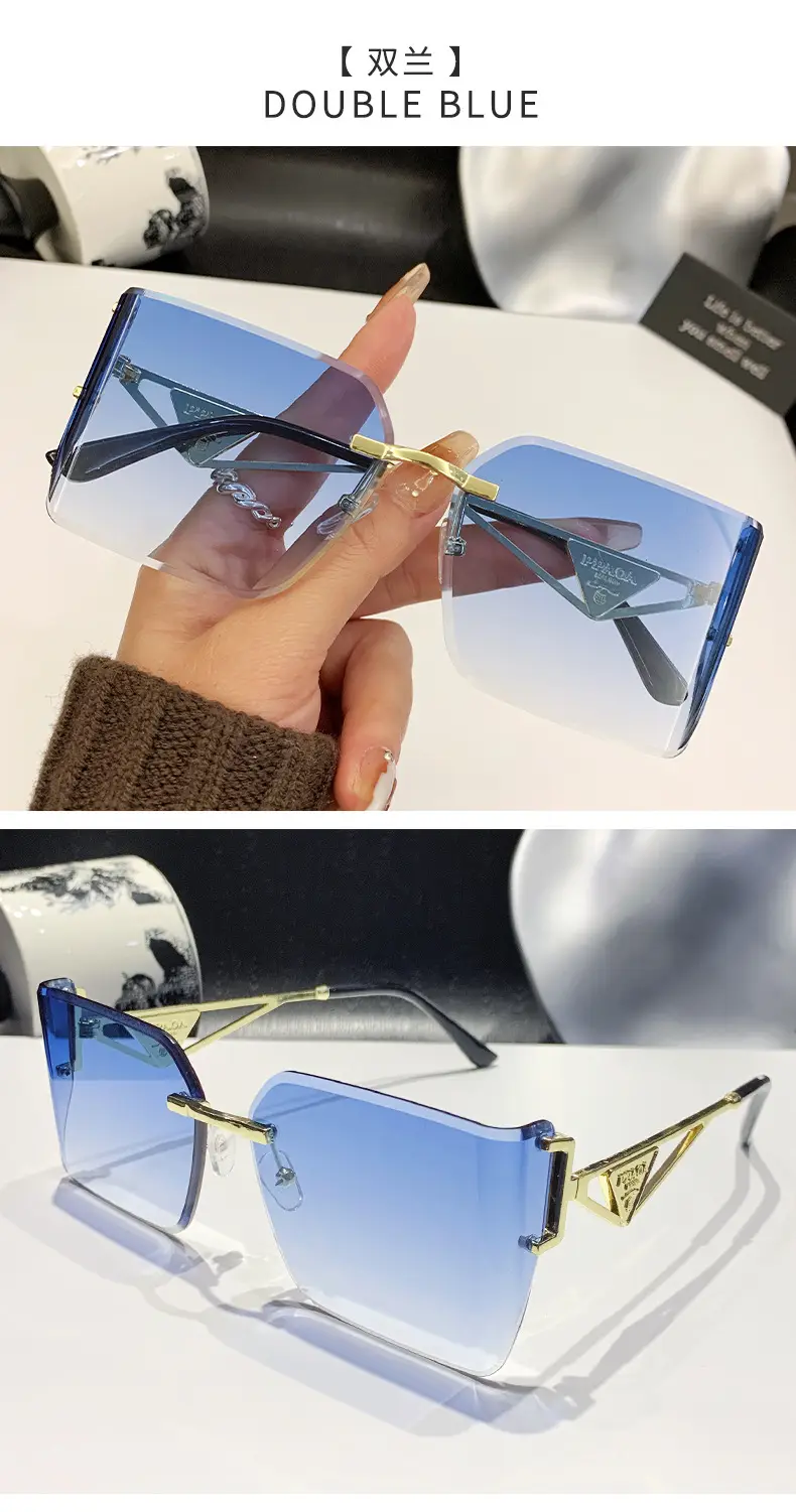 Women's Hollow Frame Sunglasses Blue Cut Edge Curved Shade โ feature 19