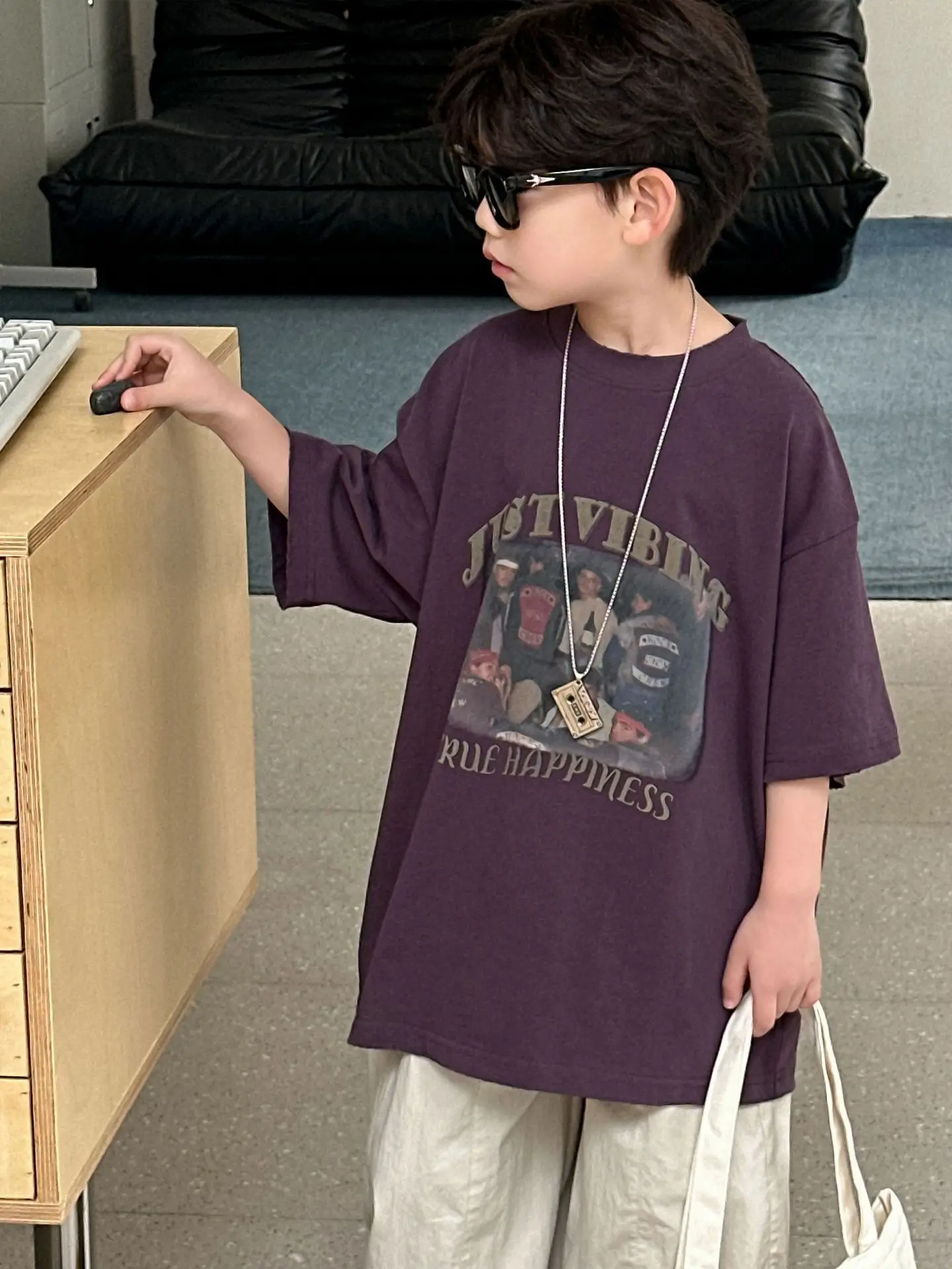 Boys Cotton T-Shirt Purple 2025 Summer New Kids Korean Style - Image 3
