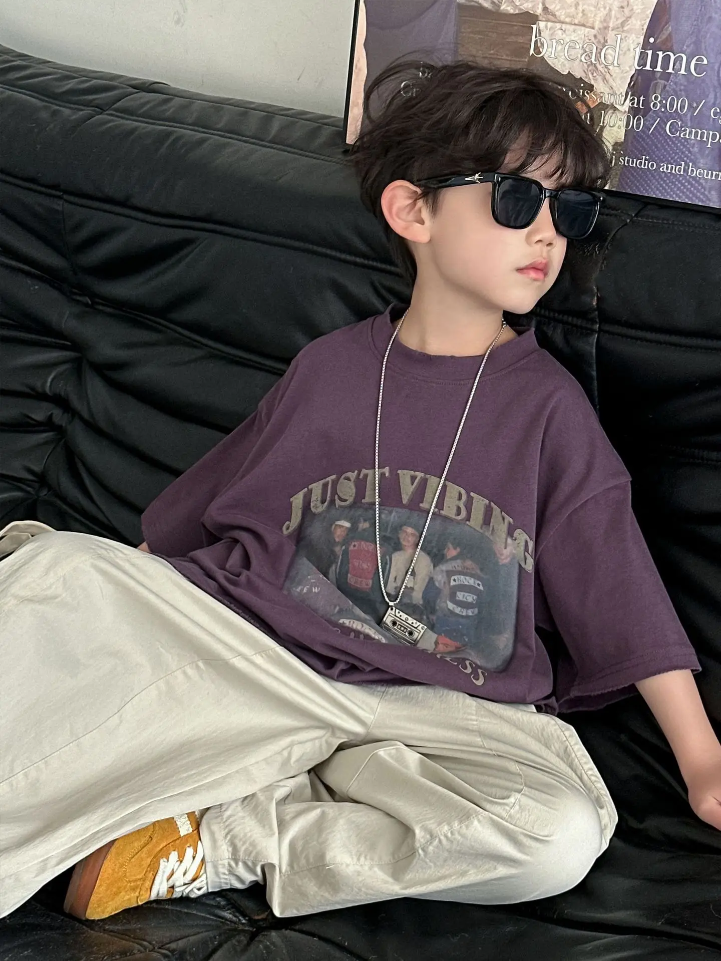 Boys Cotton T-Shirt Purple 2025 Summer New Kids Korean Style - Image 5
