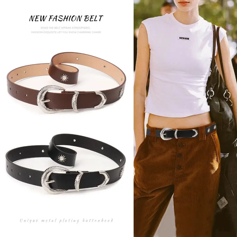 Women's Brown Sunflower Rivet Belt with High-end Thread