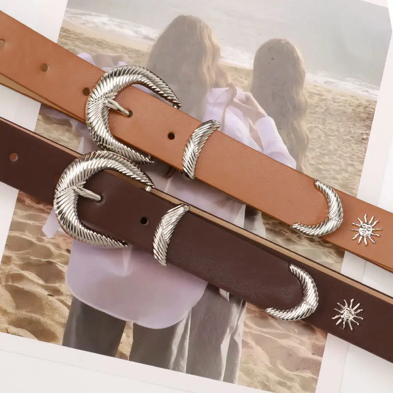 Women's Brown Sunflower Rivet Belt with High-end Thread