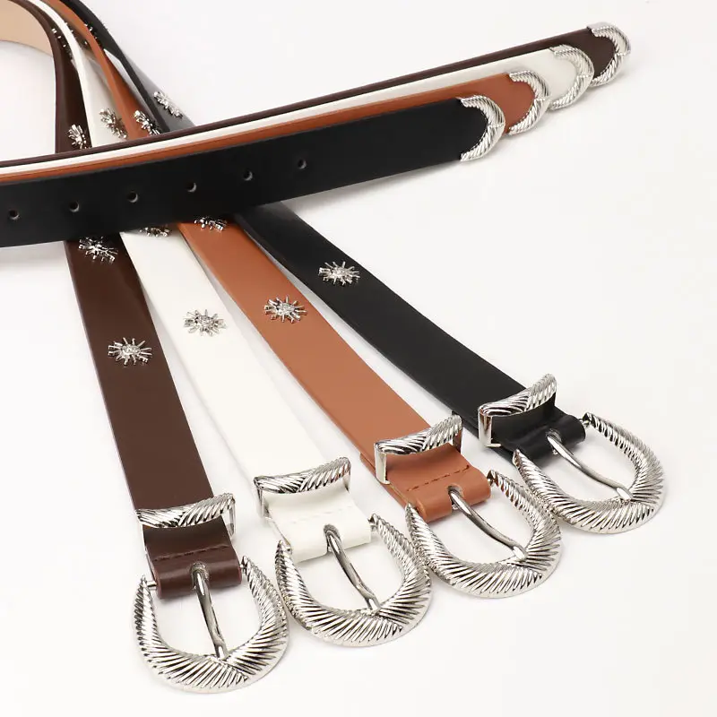 Women's Brown Sunflower Rivet Belt with High-end Thread