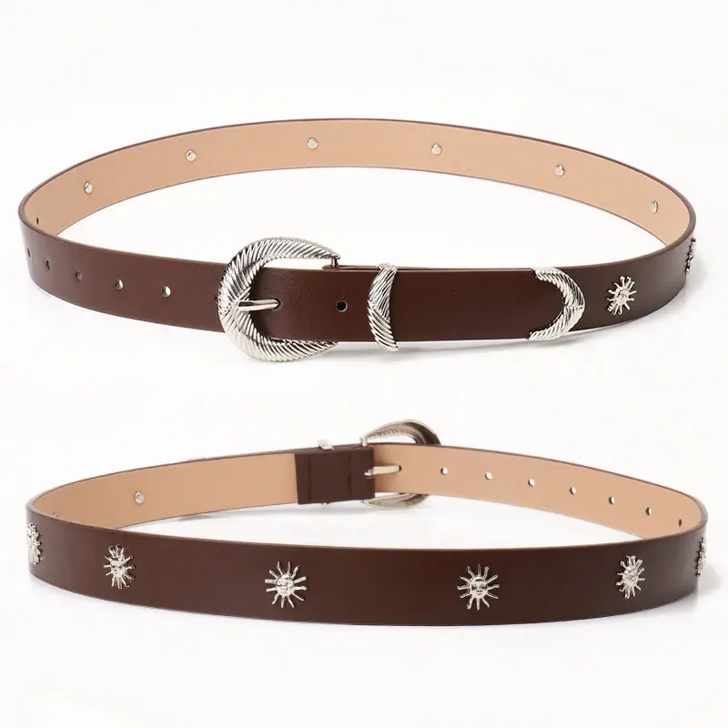 Women's Brown Sunflower Rivet Belt with High-end Thread