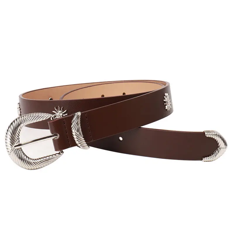Women's Brown Sunflower Rivet Belt with High-end Thread