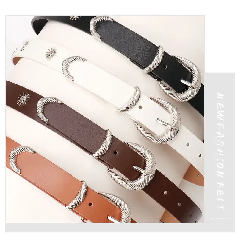 Women's Brown Sunflower Rivet Belt with High-end Thread — feature 21