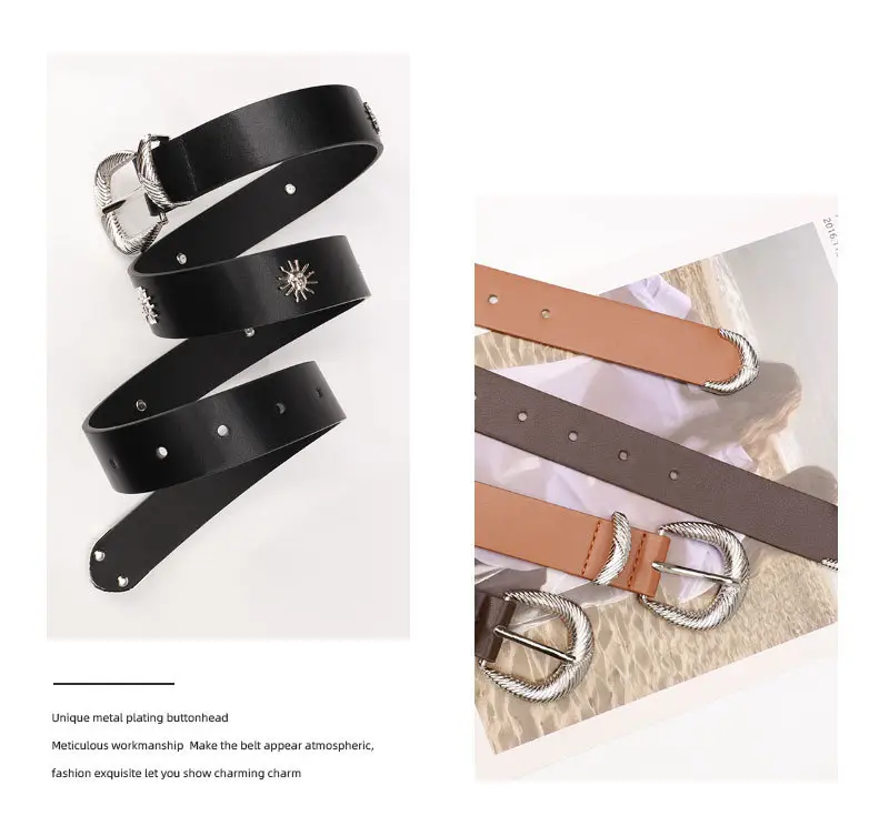 Women's Brown Sunflower Rivet Belt with High-end Thread — feature 23
