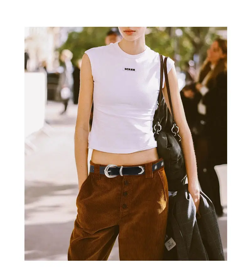 Women's Brown Sunflower Rivet Belt with High-end Thread — feature 24