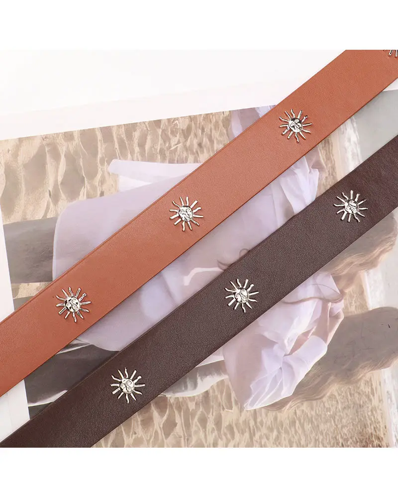 Women's Brown Sunflower Rivet Belt with High-end Thread — feature 31