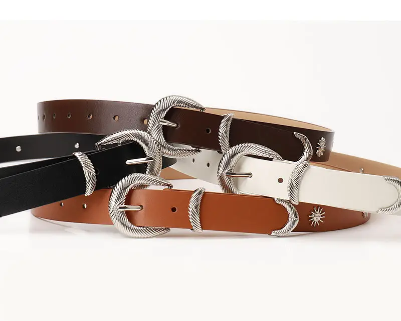 Women's Brown Sunflower Rivet Belt with High-end Thread — feature 33