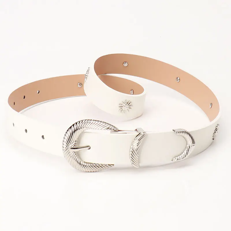 Women's Brown Sunflower Rivet Belt with High-end Thread