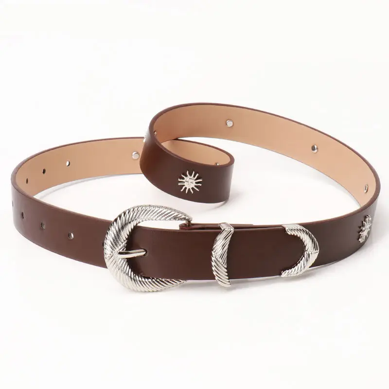 Women's Brown Sunflower Rivet Belt with High-end Thread