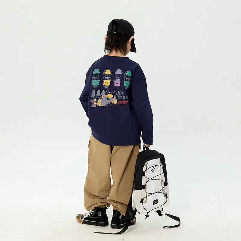 Kids Korean Print Long Sleeve T-Shirt Navy Blue - Image 4