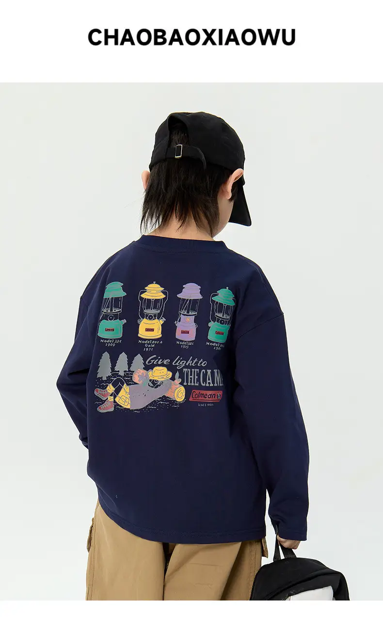 Kids Korean Print Long Sleeve T-Shirt Navy Blue — feature 1