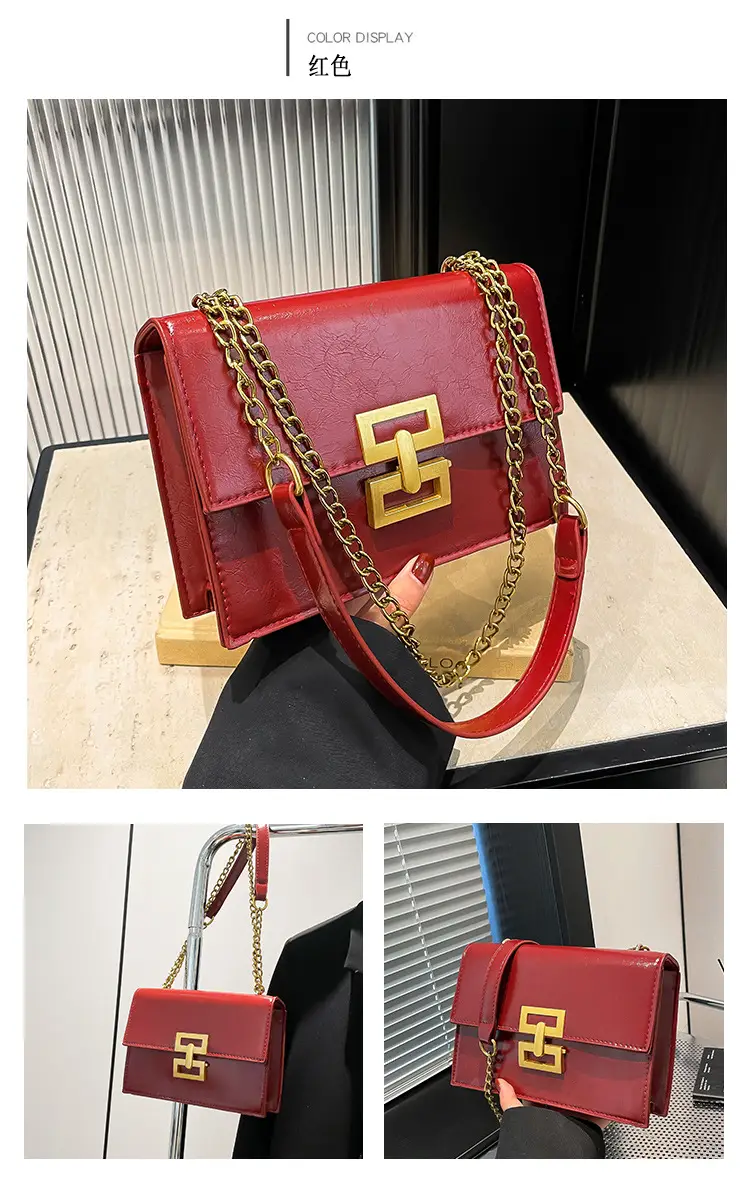 Red Chain Shoulder Bag with Lock Buckle Design — feature 15