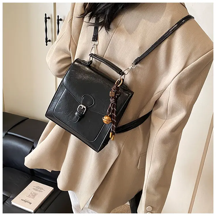 Black Oil Wax Leather Women's Shoulder Crossbody Bag — feature 22