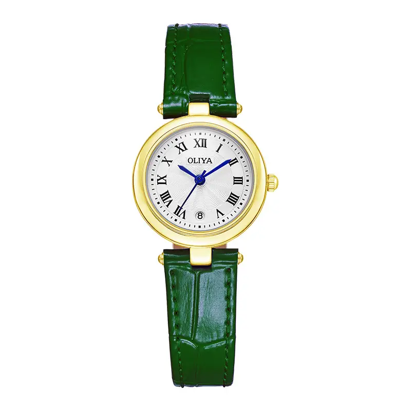 Women's Green Leather Watch with Gold Case - Image 3